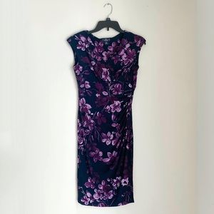 Purple Floral Wrap Dress Ruched Sleeves